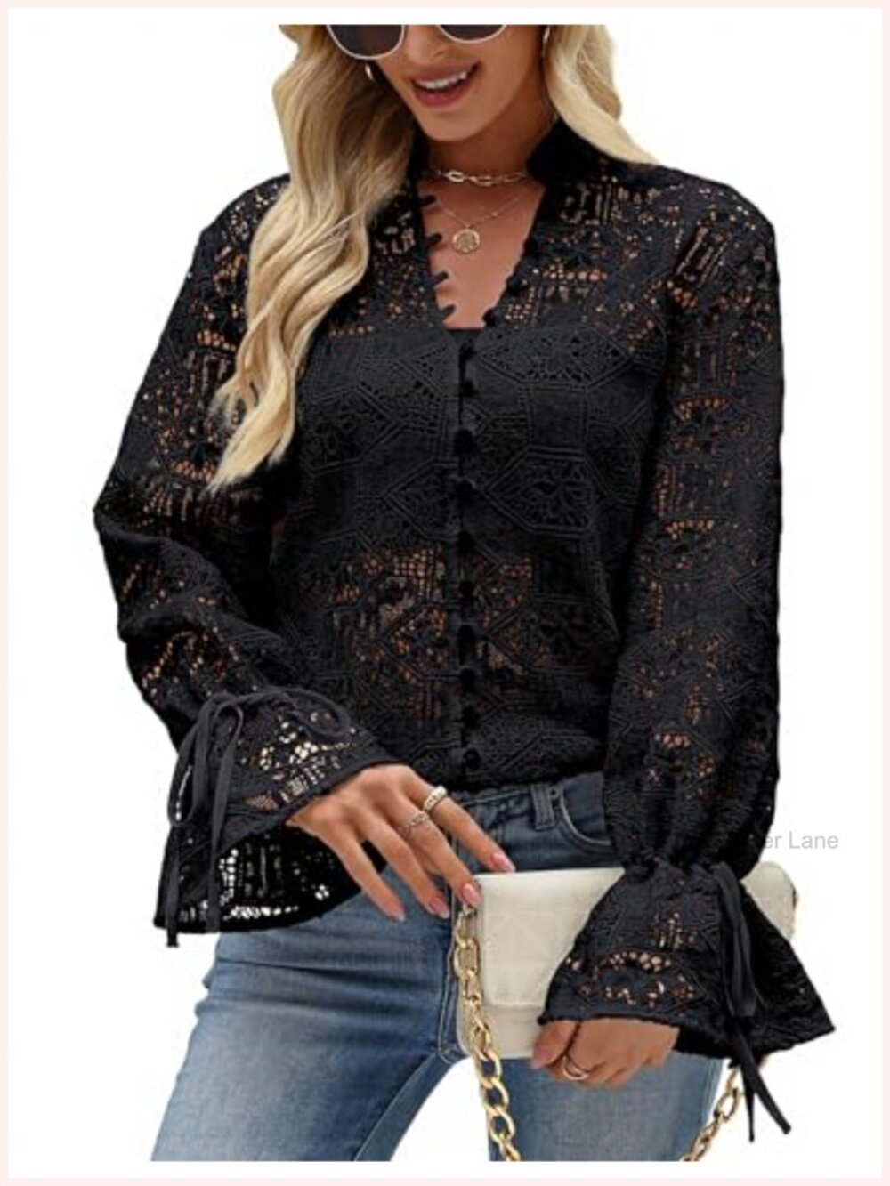 Womens Lace Blouse Bell Sleeve Button Down Top
